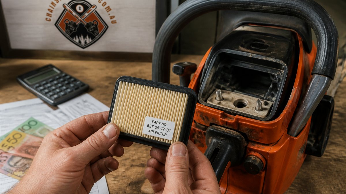 Hands installing a replacement filter into a petrol chainsaw to buy chainsaw air filter online in Australia