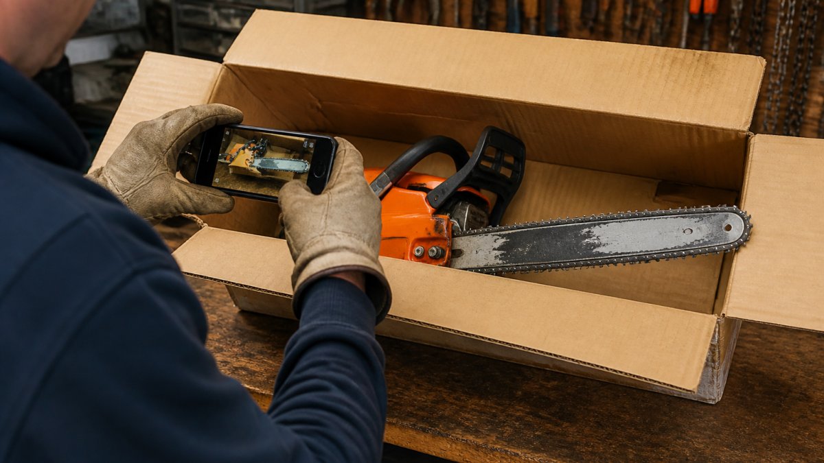 A person in work gloves photographing a chainsaw still inside its opened cardboard shipping box on a workshop bench, with the damaged bar visible and a phone camera in frame