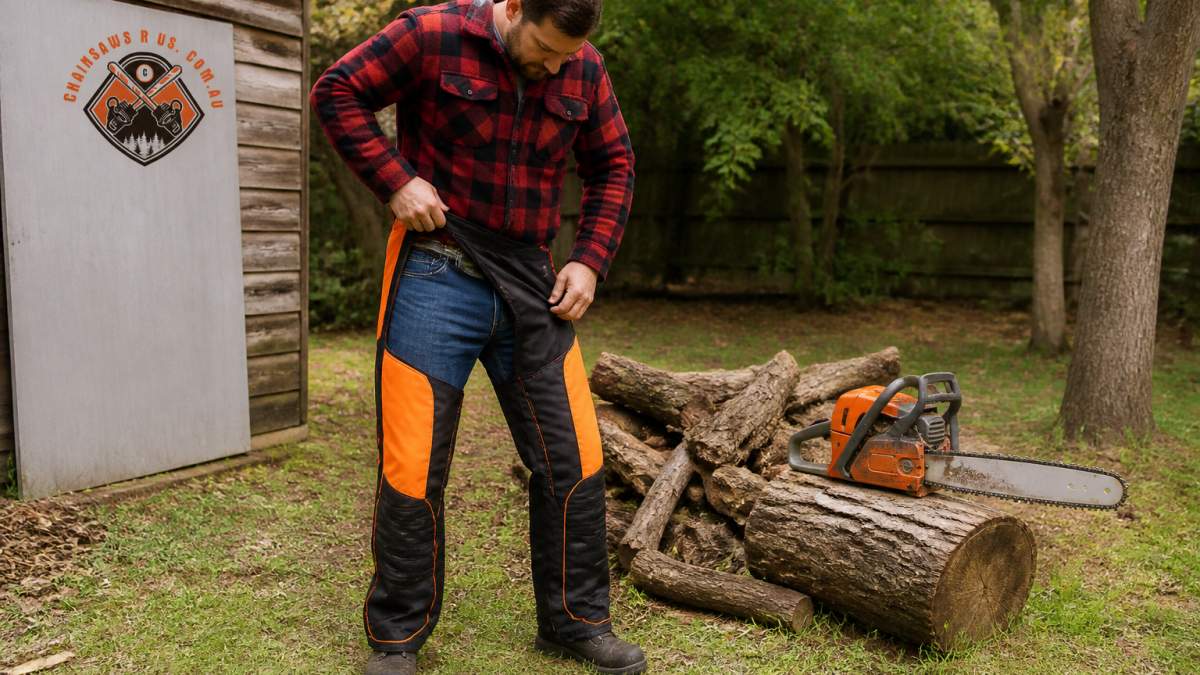 Hobbyist putting on chainsaw protection trousers over jeans in a rural backyard with a saw on a log